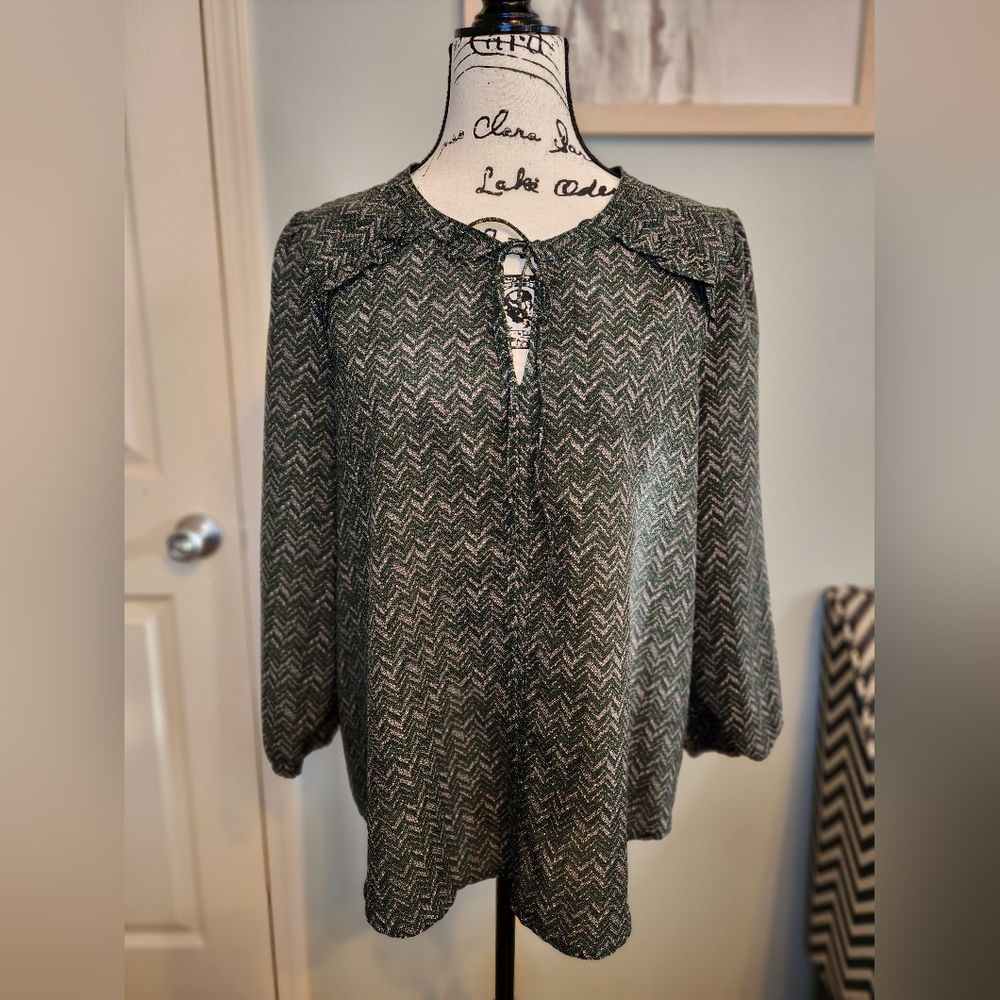 Fun2Fun Chevron Print Dark Green and Pastel Pink Blouse with Tie Front Large